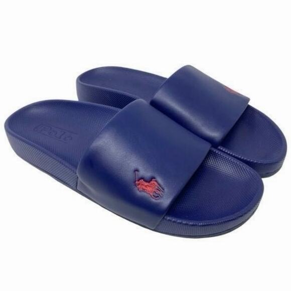 Polk Ralph Lauren Mens Cayson Pool Slides Navy Blue, Red Size 10